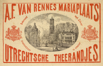 712338 Uit een vel verpakkingspapier geknipte opdruk van A.F. van Rennes, [confisseur, Mariaplaats 9] te Utrecht. Met ...